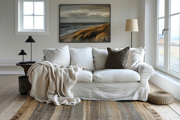 Fototapeta premium White Living Room with Sofa and Plants