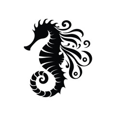 Stylized graphic Seahorse. Silhouette illustration of sea life. Sketch for tattoo on isolated white background. Vector flat logo icon