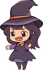 cartoon girl with purple hair and a purple dress is wearing a witch hat