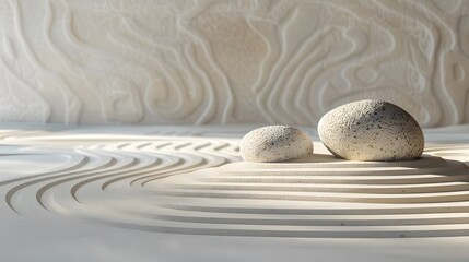 Naklejka premium A serene Zen garden with minimalist sand patterns and two smooth rocks, representing balance in meditation for relaxation, minimalist background, calm Zen garden