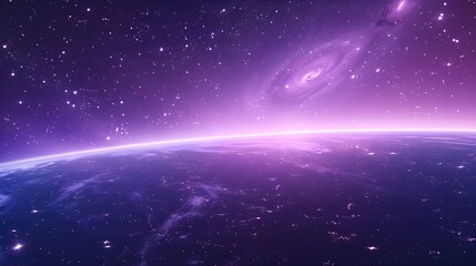 A purple sky with stars and the earth below, space background, purple color scheme, dark blue purple, night scene, flat view angle, wide shot, dreamy atmosphere, high definition wallpaper.