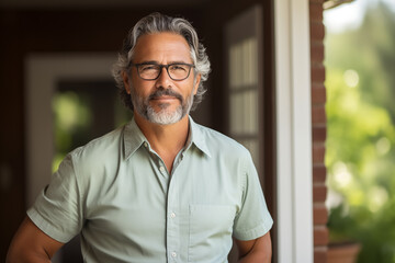 Handsome older hispanic man with glasses and a beard confidently looking into the camera