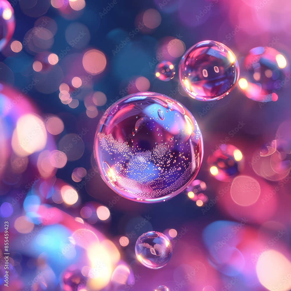 Poster light reflects in various colors on floating transparent spheres