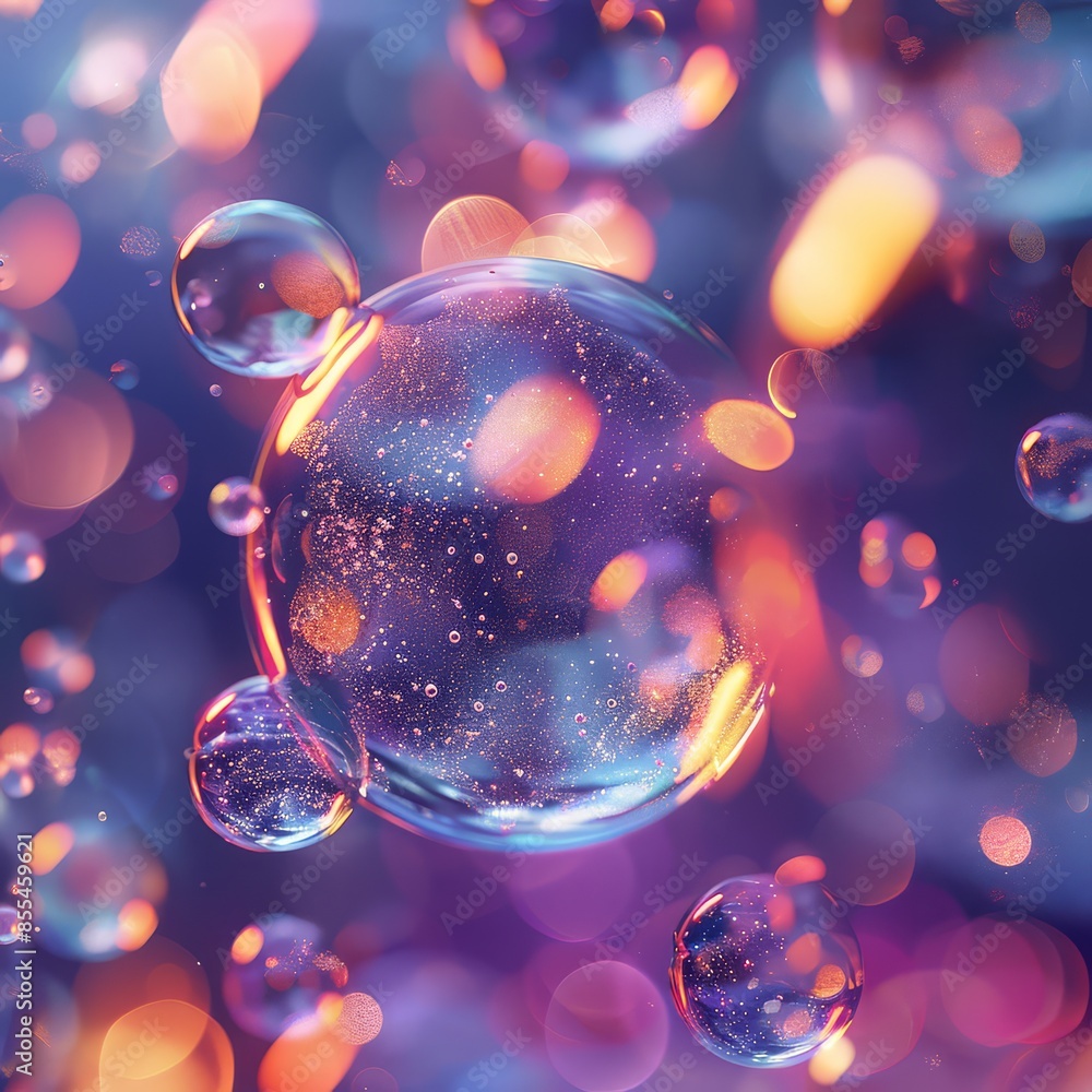 Poster abstract blue background with shiny circles of various sizes, resembling soap bubbles floating in th