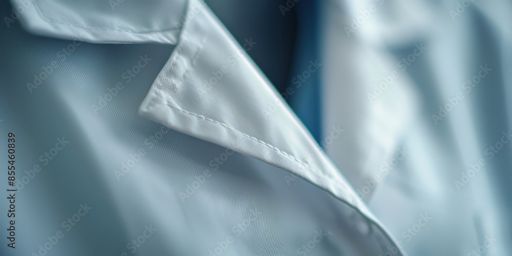 Poster close-up of a lab coat worn by a professional scientist, emphasizing the fabric and button details i