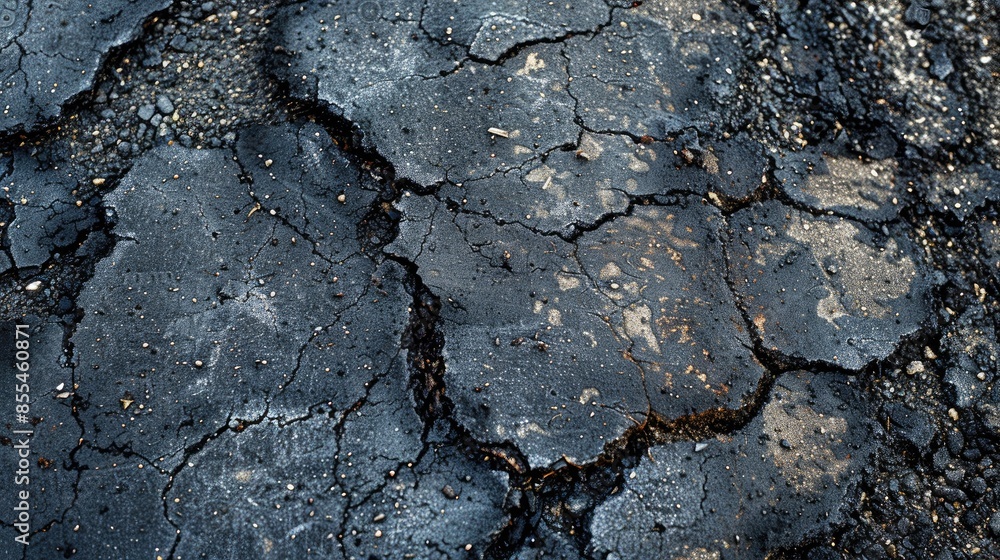 Poster detailed close up of bitumen texture on asphalt surface photograph showing panoramic view with road 