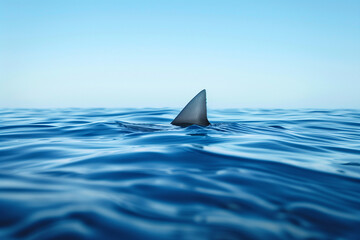 Shark fin above the water indicating there is a shark swimming near the water's surface. Generative AI