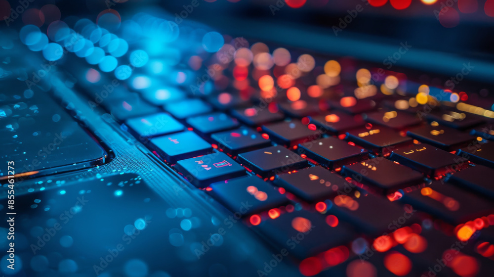 Poster close-up of a colorful backlit computer keyboard, highlighting illuminated keys with a blend of blue