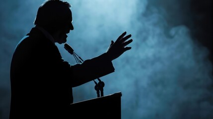 Former Prime Minister angrily throwing podium at reporters close up  Outburst  dynamic  Silhouette  Press conference