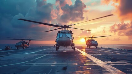 Helicopters landing on a sea platform military base focus on  Aerial operations  vibrant  Composite  Helipad