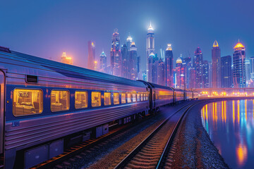 Fototapeta premium Illuminated train traveling beside water with the glowing skyscrapers of Dubai in the background, highlighting urban night scenery.