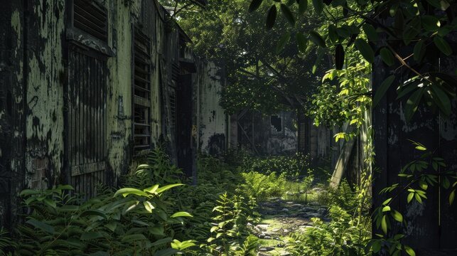 Abandoned PMC base with overgrown vegetation selective focus  Deserted compound  whimsical  Blend mode  Overgrown base