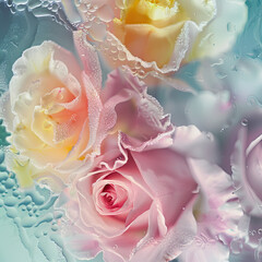 Fototapeta premium Romantic roses through frosted glass, vibrant soft colors, intricate design, bright lighting.