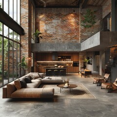 Industrial elegance meets urban comfort: a spacious loft with panoramic windows, plush seating, and a cozy, open kitchen, blending modernity with rustic charm.