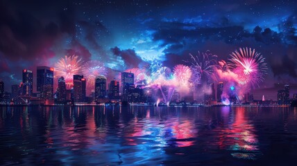 Fototapeta premium Spectacular Fireworks Display Over City Skyline on Patriot Day Celebrating National Pride and Unity
