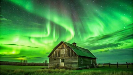 A stunning display of the aurora borealis illuminating a barn in the prairie. Nature's beauty meets rural charm