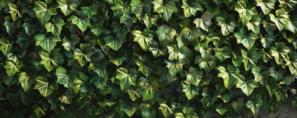 A dense patch of green ivy leaves growing on a wall background, Full frame shot of ivy growing on field