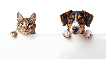 A curious cat and a friendly dog peek over a white surface, both with expressive eyes, creating a charming and endearing scene.