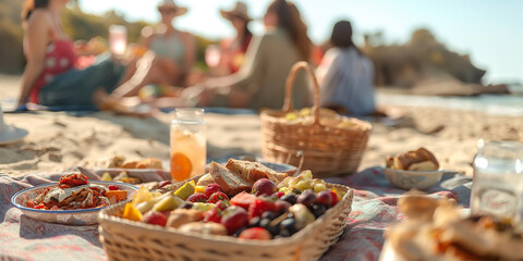 An image showcasing a lively beach picnic with a group of friends enjoying summer snacks