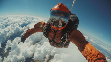 Skydiver in an orange suit and helmet free-falling above the clouds, capturing the thrill of extreme sports and skydiving.