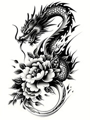 A black and white tattoo of a dragon with a flower on its tail