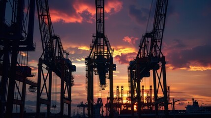Fototapeta premium Shipyard cranes silhouetted against the sunset close up Evening work vibrant Composite Harbor