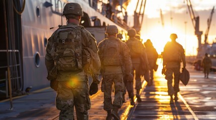 Soldiers boarding a ship at the military port focus on  Troop deployment  vibrant  Composite  Dockside