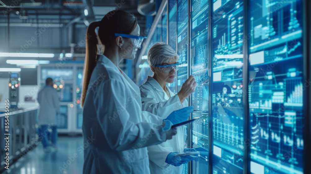 Poster scientists in a lab, examining data on multiple digital screens, illustrating advanced research and 