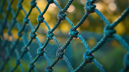 Close-up of green rope net outdoors with sunlight filtering through, creating a textured pattern and natural background.