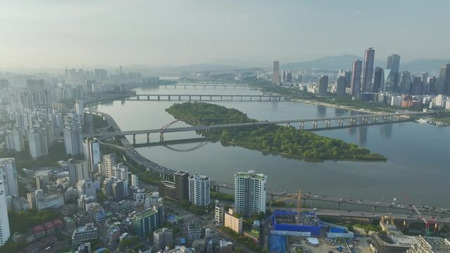 Drone View of Seoul city in South Korea, Hapjeong Station, Hot place, Summer, 60fps