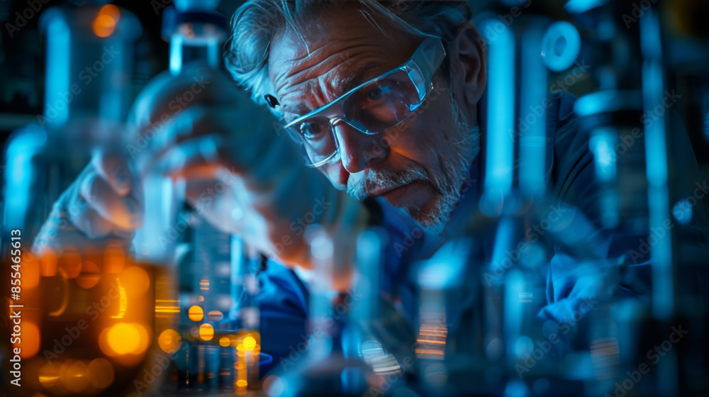 Poster senior scientist in a laboratory, focusing intently on conducting a research experiment with scienti