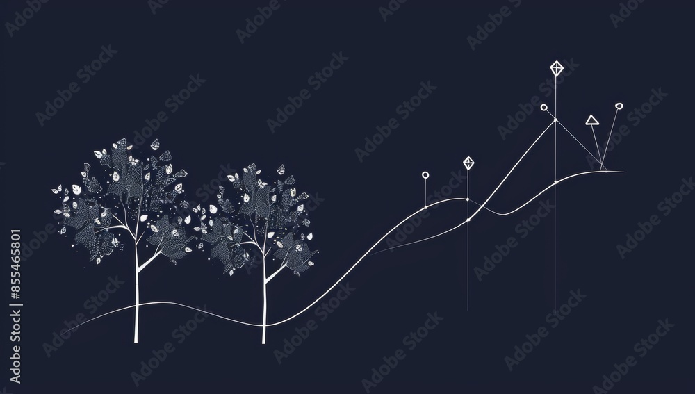 Poster a digital line art representation of growth with two trees growing from the left and right