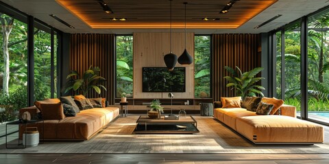Fototapeta premium Modern Living Room with Lush Tropical Views