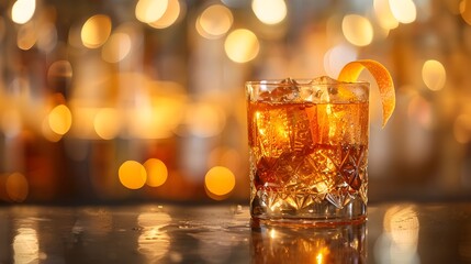 Stylish Old-Fashioned Cocktail with Orange Peel Garnish and Blurred Backdrop