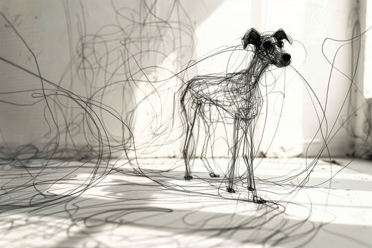 intricate wire sculpture of a dog with thin lines and shadows creating a delicate and artistic composition
