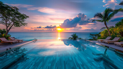 A breathtaking view of an infinity pool overlooking the ocean at sunset, with lounge chairs and palm trees creating a serene ambiance.