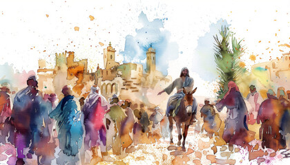 Fototapeta premium Jesus entering in Jerusalem on a donkey watercolor