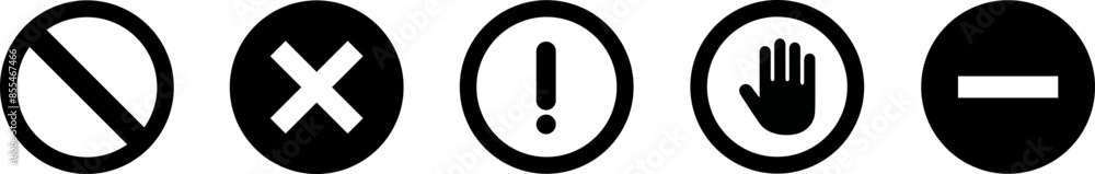 Poster a set of icons for red warnings and dangers. exclamation, cross mark, stop mark.