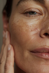 Fototapeta premium Ultra-Detailed Close-Up Photo of a Middle-Aged Woman, Touching Her Face with Healthy Skin