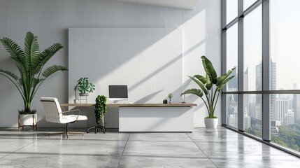 A large open office space with a white desk and a chair