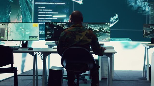 Army officer establishing new operating bases through a world map satellite vision, ensure the connectivity to the power base command center. Commander operates CCTV radar footage. Camera A.