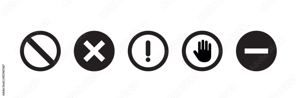 Poster a set of icons for red warnings and dangers. exclamation, cross mark, stop mark.
