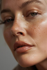 Fototapeta premium Detailed Close-Up of a Young Woman in Her 30s with Glowing, Healthy Skin, Without Makeup