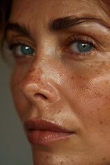 Detailed Close-Up Photo of a Middle-aged Woman in Her 40s with Glowing, Healthy Skin, Without Makeup