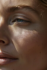 Fototapeta premium Detailed Close-Up Photo of a Middle-aged Woman in Her 40s with Glowing, Healthy Skin, Without Makeup