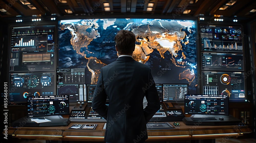 Poster man looking at global economic flow screen