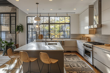 Obraz premium Gray Kitchen Interior with Bar