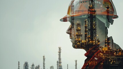 Double Exposure of Engineer in Safety Helmet with Oil Plant, Symbolizing Industry, Technology, and Energy Production