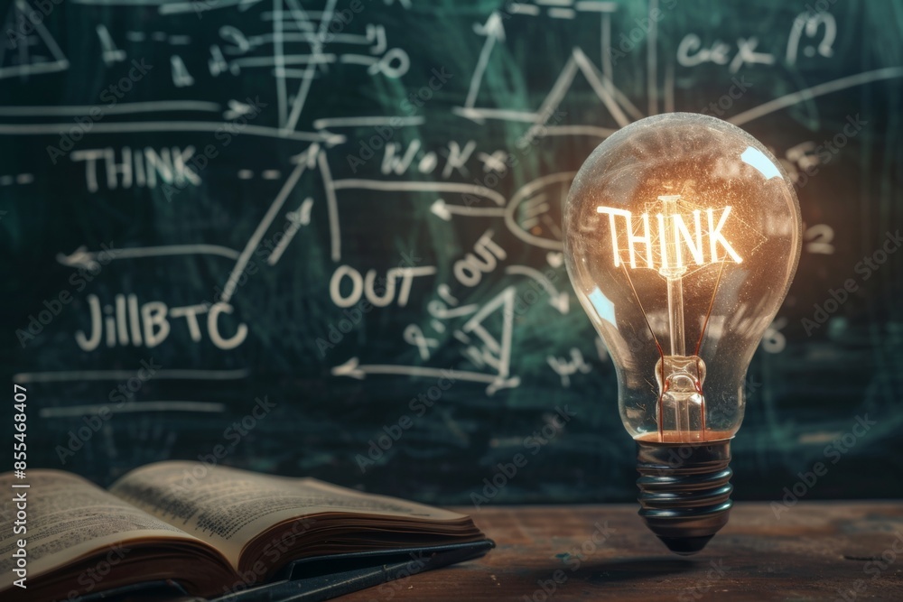 Poster a light bulb with mathematical formulas and an open book in the background