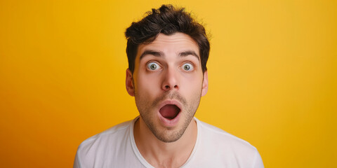 Fototapeta premium Surprised man portrait on yellow background, a natural portrait of a man expressing surprised